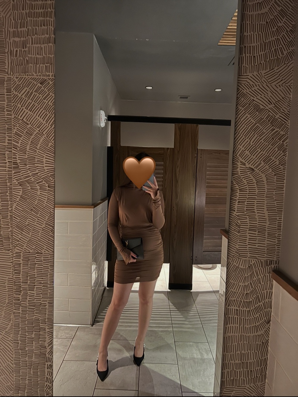 Ruched Long-Sleeve Bodycon Mini Dress in Warm Brown
